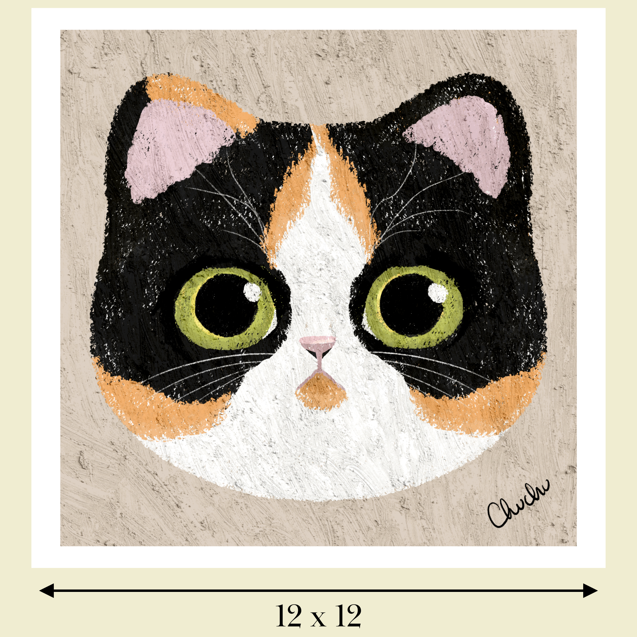 cute whimsical tricolor calico  cat art print image size reference